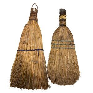 Vintage Handcrafted Straw Whisk Brooms With Rustic Metal Handles - Set Of 2